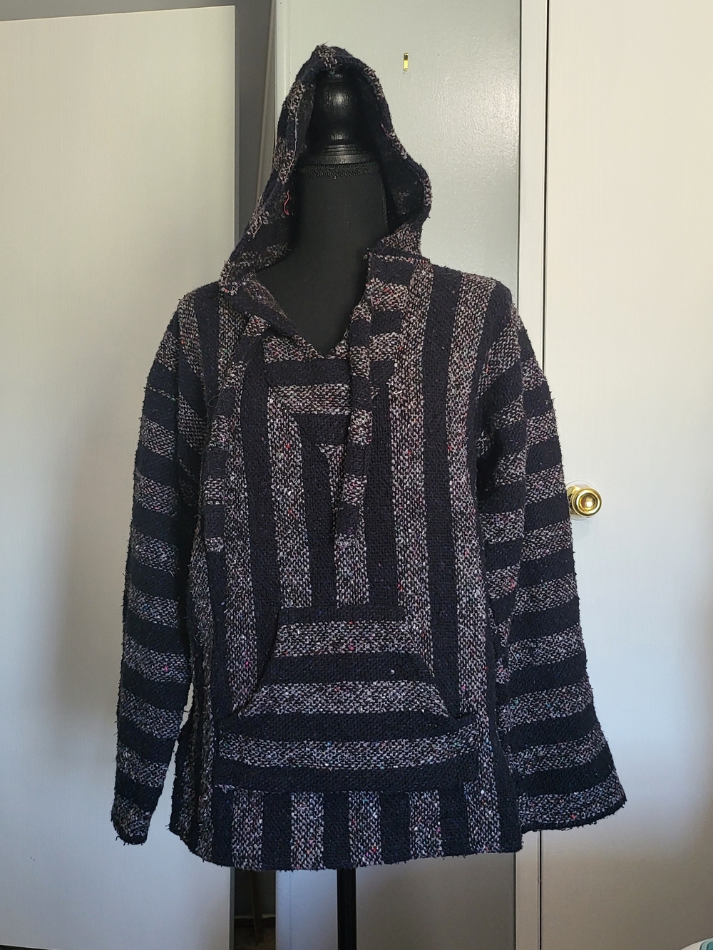 Men's Hooded Striped Baja-Style Sweater - Black & Gray